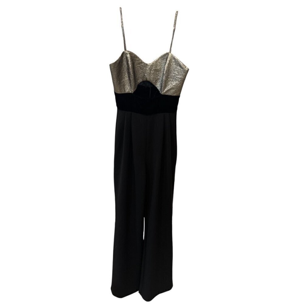 Petersyn Metallic & Velvet Bow Black Wide-Leg Jumpsuit With Straps Sz Small NWT